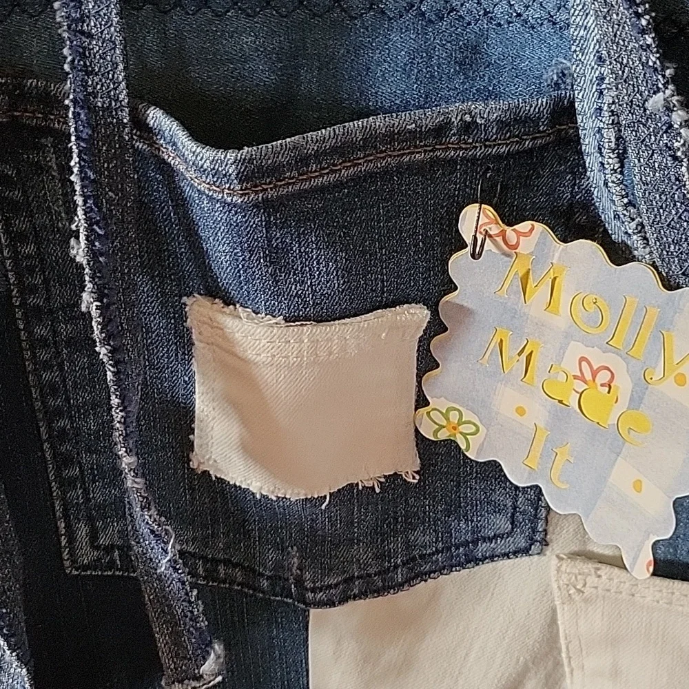 HAND CRAFTED Organizer UPCYCLED Blue White Denim Pocket Floral Hanging 36 X17 In